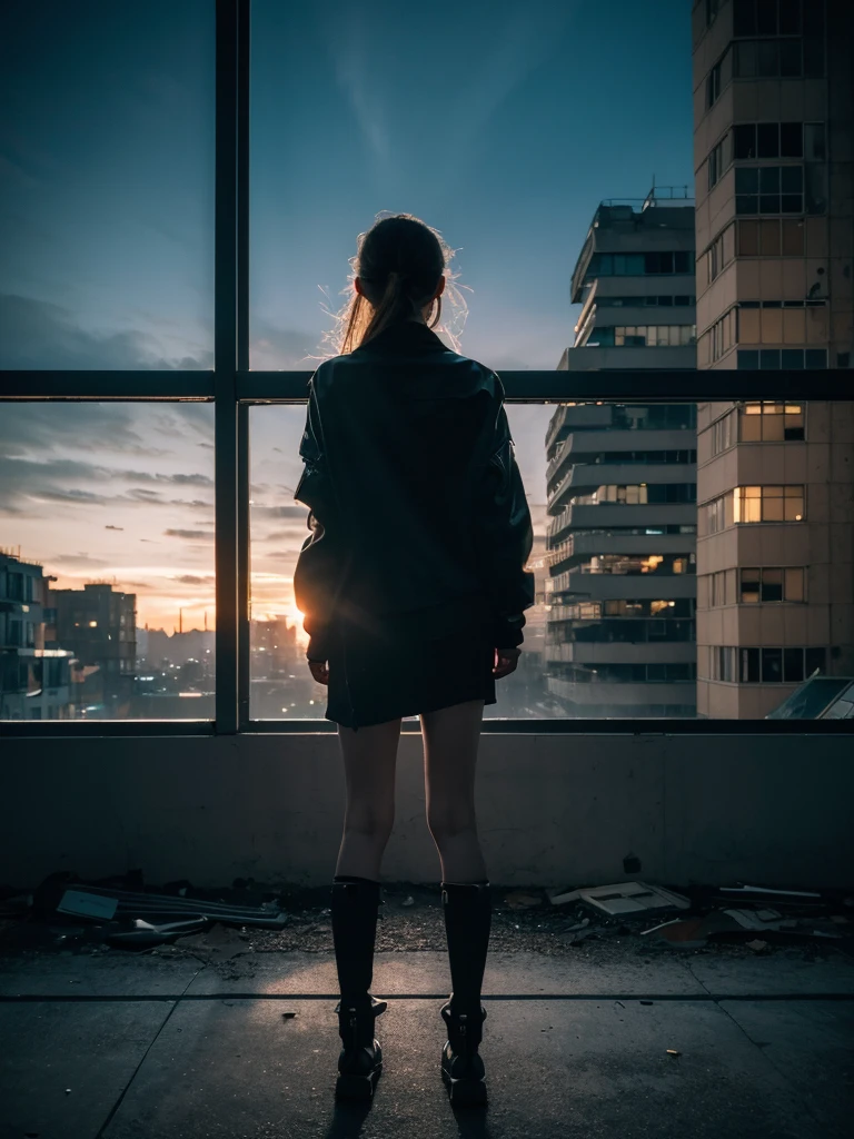 (Best quality at best,4K,8K,A high resolution,tmasterpiece:1.2)1.37), girl city street,cyber punk perssonage,prosthetic left leg,wasteland aesthetics,The light from the back window backlighted,grieves,Dark, wanting,Abandoned buildings,crowd,neonlight