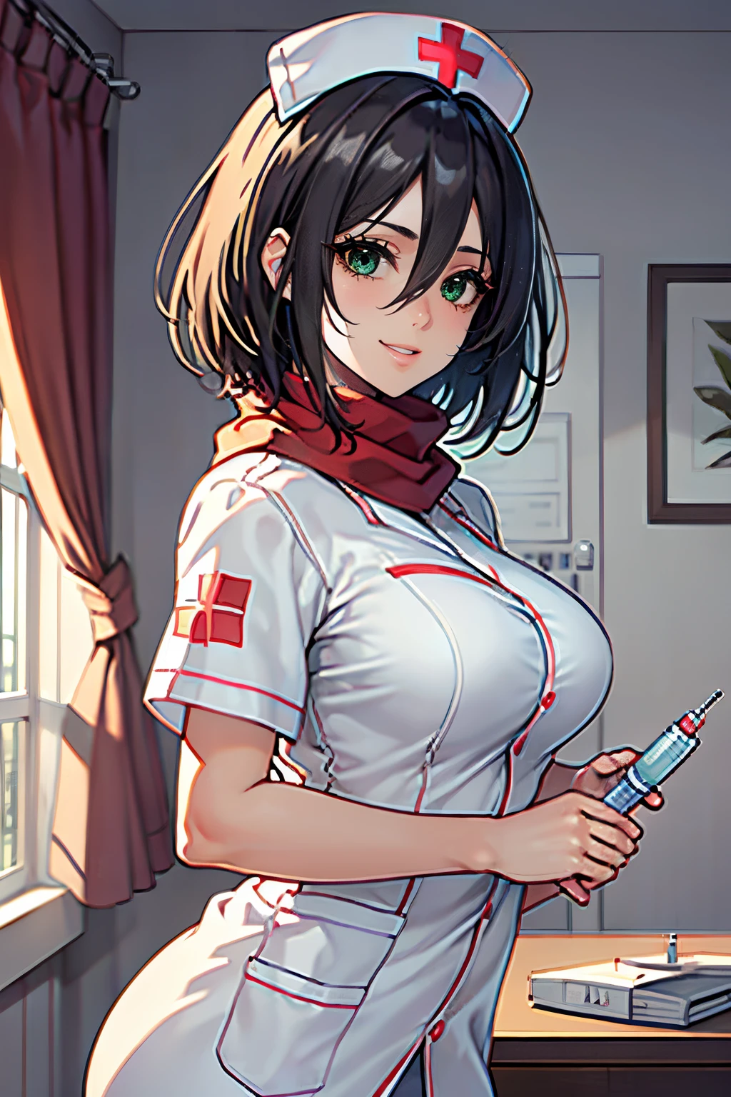 masuter piece, Best Quality, 超A high resolution, top-quality, Anime style, The best lighting, Beautiful face, Shirt unbuttoned, Erotica, styles, 1girl in, A dark-haired, breastsout, green colored eyes, Hair between the eyes, look at viewr, red scarf, scarf, Short Hair Hair, 独奏, white  shirt, ((tmasterpiece)), top-quality, A light, look at viewr, ssmile, grin, laught, Best Quality, (White nurse uniform:1.4), (Nurse hat:1.3), cowboy  shot, Hospital Background, (holding a syringe:1.4)