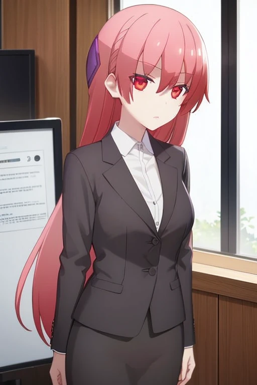 1girl, tsukasa tsukuyomi, suit, office lady, black skirt, black blazer, pencil skirt, white shirt, collared shirt, long hair, teenager, looking at viewer, full body