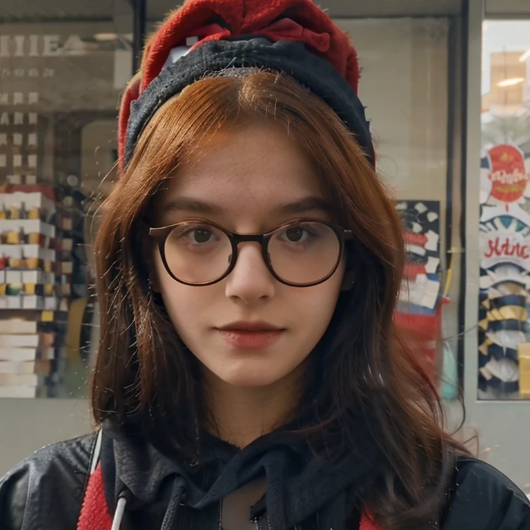 s girl,redheadwear,black-frame glasses,Upper body
