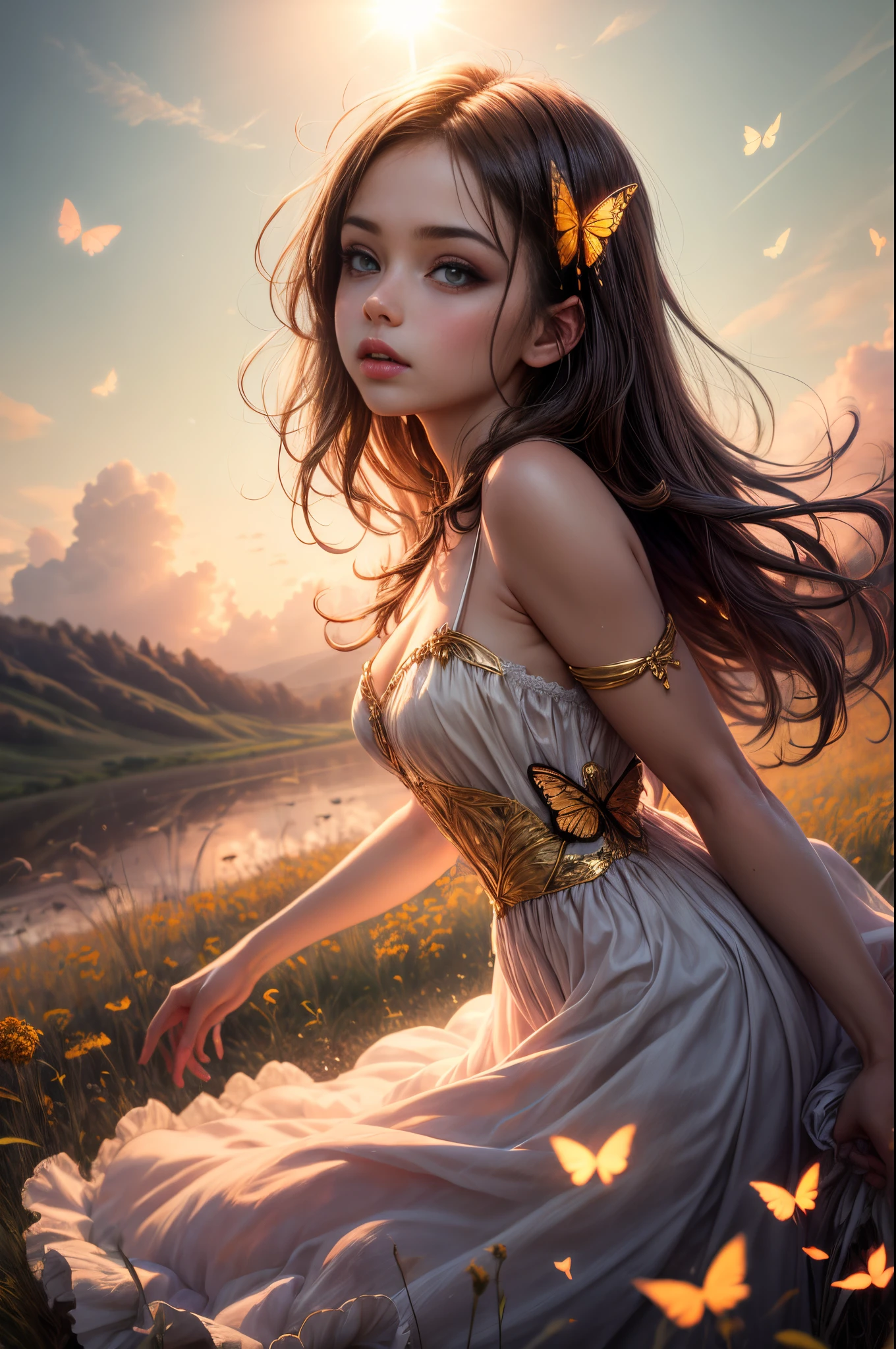 "((Innocent)) girl, golden hour, dreamy meadow, ethereal, whimsical, flowing dress, soft sunlight, enchanting, butterfly wings, (pastel clouds), liquid reflections