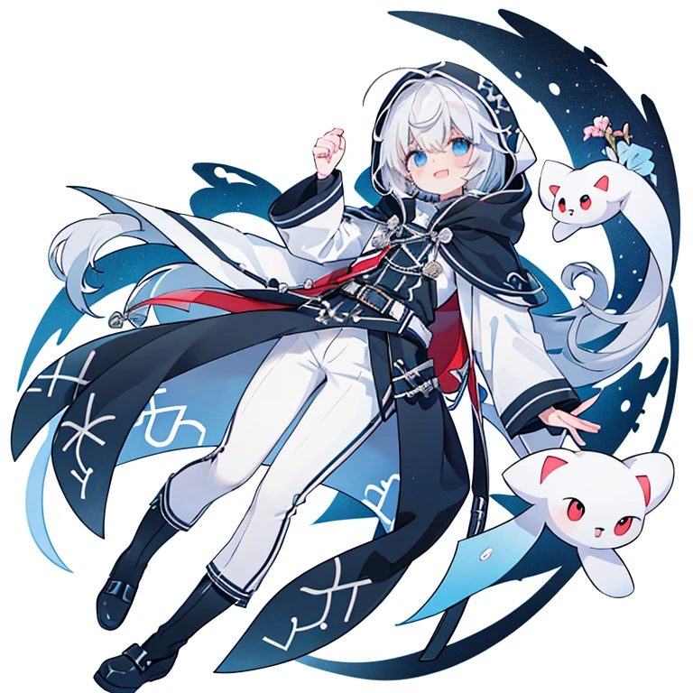 (​masterpiece、top-quality、hightquality)、a 15 year old boy、Comes with white hood、The long-haired、white  hair、Stand on white background、snake motif、Laughed、verd s eyes、researcher、character designs、a belt、modern、cyberpunked、neuter、shortpants、face with seams