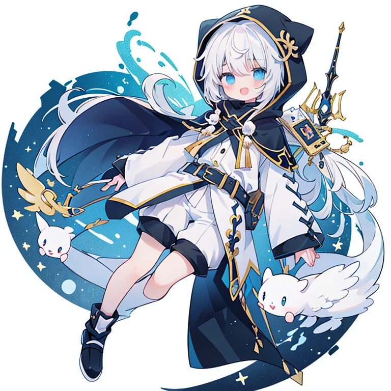 (​masterpiece、top-quality、hightquality)、a 15 year old boy、Comes with white hood、The long-haired、white  hair、Stand on white background、snake motif、Laughed、verd s eyes、researcher、character designs、a belt、modern、cyberpunked、neuter、shortpants、face with seams