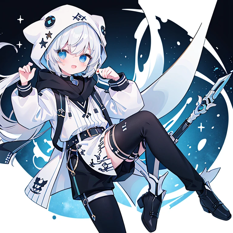 (​masterpiece、top-quality、hightquality)、a  boy、Comes with white hood、The long-haired、white  hair、Stand on white background、snake motif、Laughed、verd s eyes、researcher、character designs、a belt、modern、cyberpunked、neuter、shortpants、face with seams