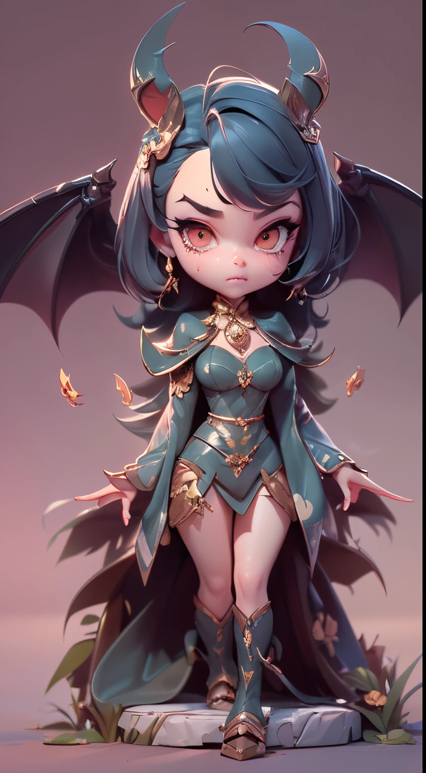 (blind box toy style, Western cartoon Q version), 1 beautiful female succubus head, tears, bat wings), cute full body portrait, slender figure standing, cartoon character, medieval, 3D rendering, symatic lighting, ray tracing