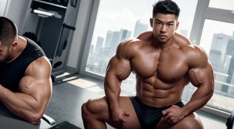 (Very detailed 8k wallpaper), two asian men, muscle worship, arms folded, At the gym, high detailing, buzzcut, very large and strong body, bulging muscles, well-muscled, very large pectoral muscles. Very sexy abs, legs are muscular, Toned figure, lightens oily skin, muscular, Tank top, T-shirt, longshot, Wide Shot