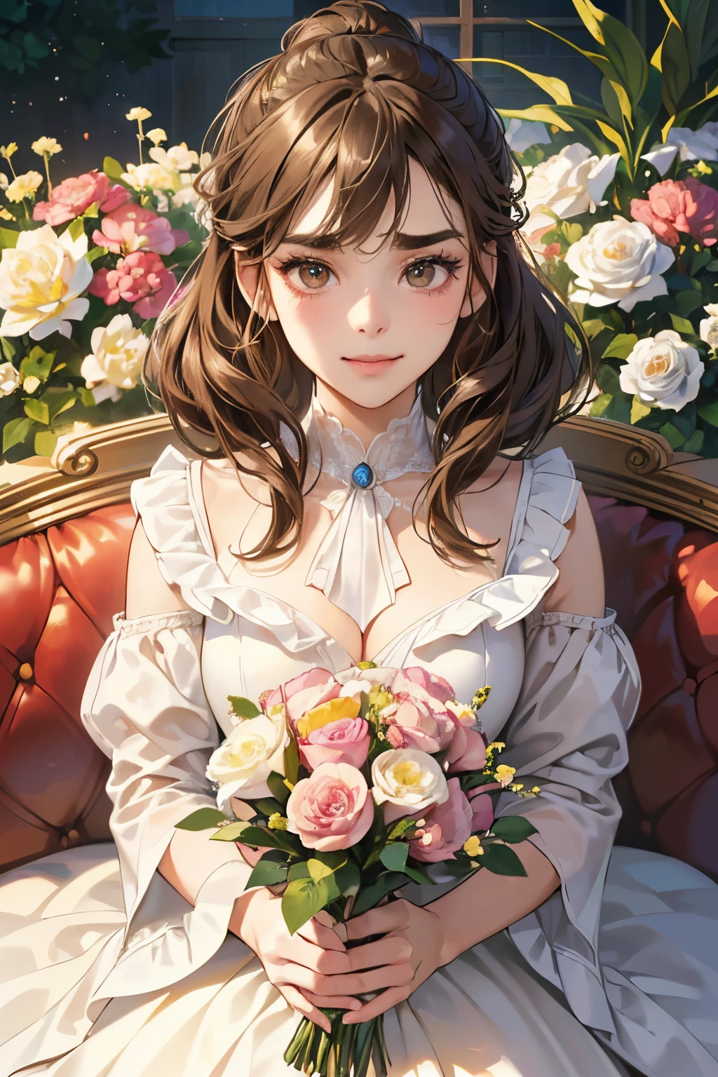 (masutepiece, Digital Art, Digital Illustration, 4K, 8K, Ultra-detailed, beautiful image, Sharp Image, Photorealistic, Raw photo, Perfect face, Perfect lines, Perfect eyes, Soft lighting) 1 woman, (lightbrown hair,Chignon Hair,Innocent look,drooping eyebrows,drooing eyes,with round face,Round jaws、Innocence,cute little,big eye,natural make up,kindly smile,E-cup,23 y-o woman:1.3),Two handsome men in suits, (ember,Men in suits,well-muscled,Firm shoulder width, mannish hairstyle,Man in his 30s with a cool expression,28-year-old man with bright smile:1.2),A garden full of light、lots of flower、The fountain、colorful flower、(embarrassed from,Shy smile,bouquet of haze:1.2),Antique sofa,Resort Sofa,the kiss、kiss、a couple、couple kissing、Romance、weddingdress、Wedding、Kiss of vows