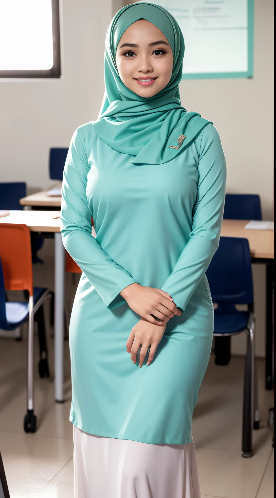 Malay girl in hijab wear baju kurung, pastel color, seating in university classroom, front view, detail skin, detail skin texture, mole below eyes,(( huge breast)), big hip, big waist, big thigh, slim abs, beautiful body, evening, laughing, happy, bright lighting, blur background, bokeh,