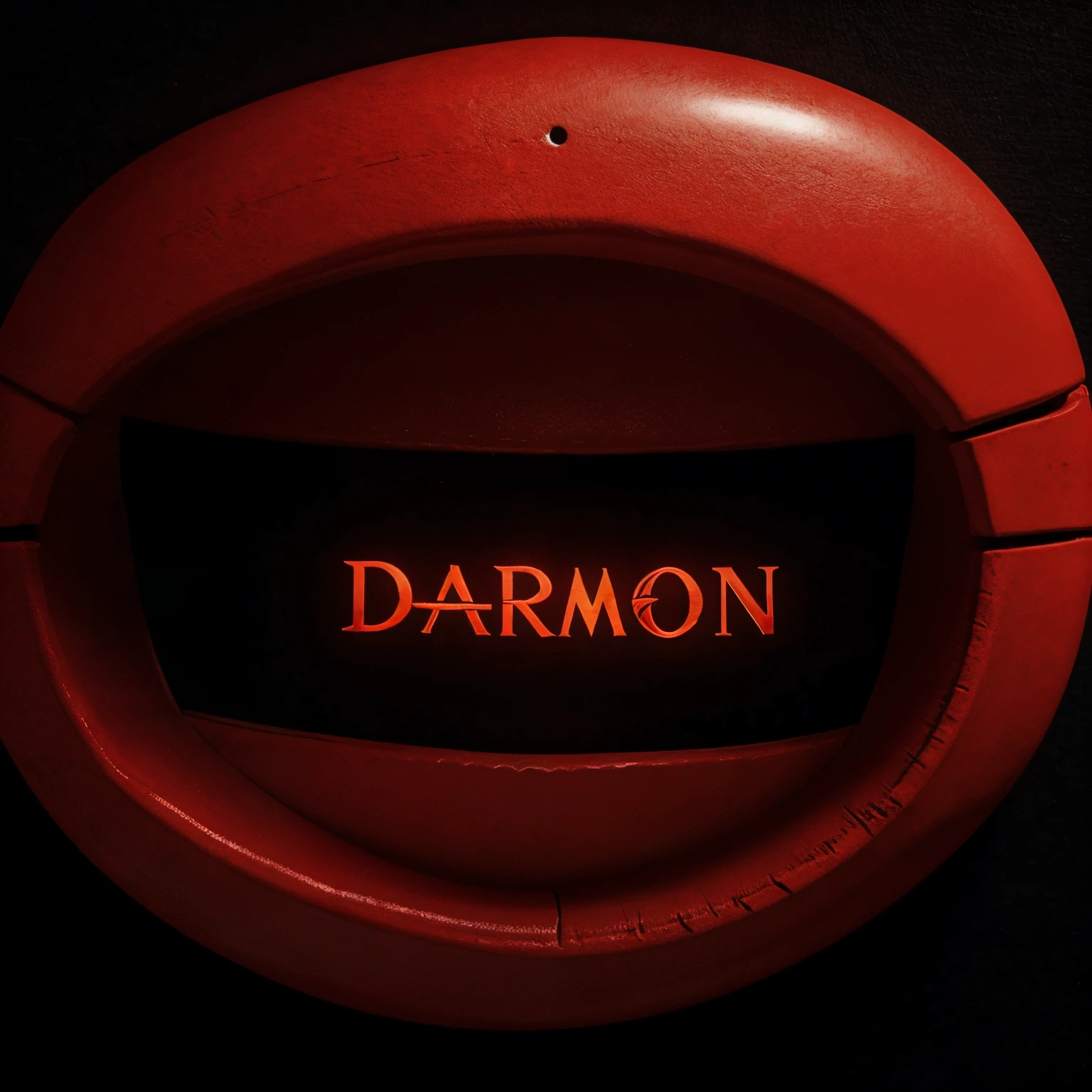 Make me a black background with the word darmon written on it colored red and make it in a cool font and above it put a smiley face but replace each eye with the letter X and color it red and make it match the same phone as the text
