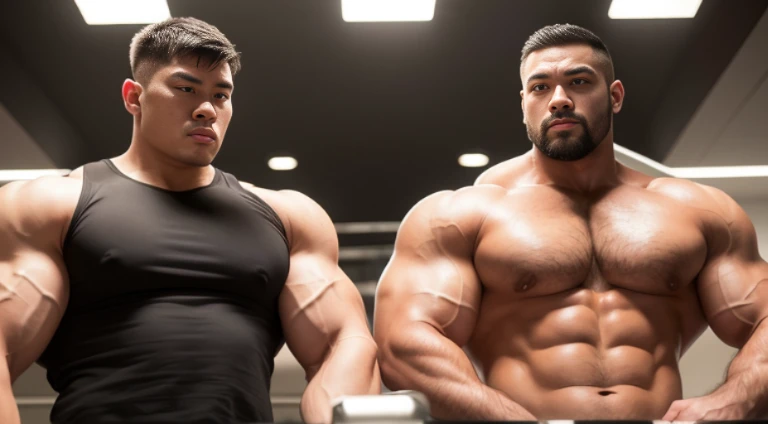 (Very detailed 8k wallpaper), two asian men, muscle worship, arms folded, At the gym, high detailing, buzzcut, very large and strong body, bulging muscles, well-muscled, very large pectoral muscles. Very sexy abs, legs are muscular, Toned figure, lightens oily skin, muscular, Tank top, T-shirt, longshot, Wide Shot
