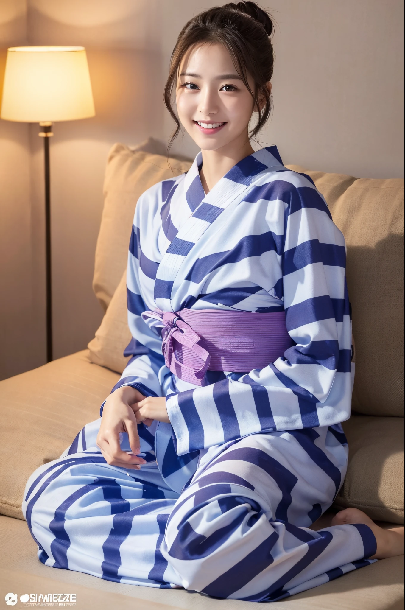 ulzzang -6500-v1.1, (Raw photo:1.2), (Photorealsitic), a beautiful detailed girl, (Real: 1.4), extremely detailed eye and face, ((Special air oral yukata:1.3))、((Sit on the futon:1.2)), selfee, Instagram、game_nffsw, huge filesize, hight resolution, ighly detailed, top-quality, [​masterpiece:1.6], illustratio, ighly detailed, nffsw, finely detail, top-quality, 8k wallpaper, Cinematographic lighting, 1girl in, , perfect body type, cute droopy eyes beautiful big eyes、Pieckfinger, ((masutepiece)), Best Quality, eye shadow, Portrait, ((FULL BODYSHOT:1.4))、(Very affectionate smile:1.2)、realistic skin textures、shinny skin、
