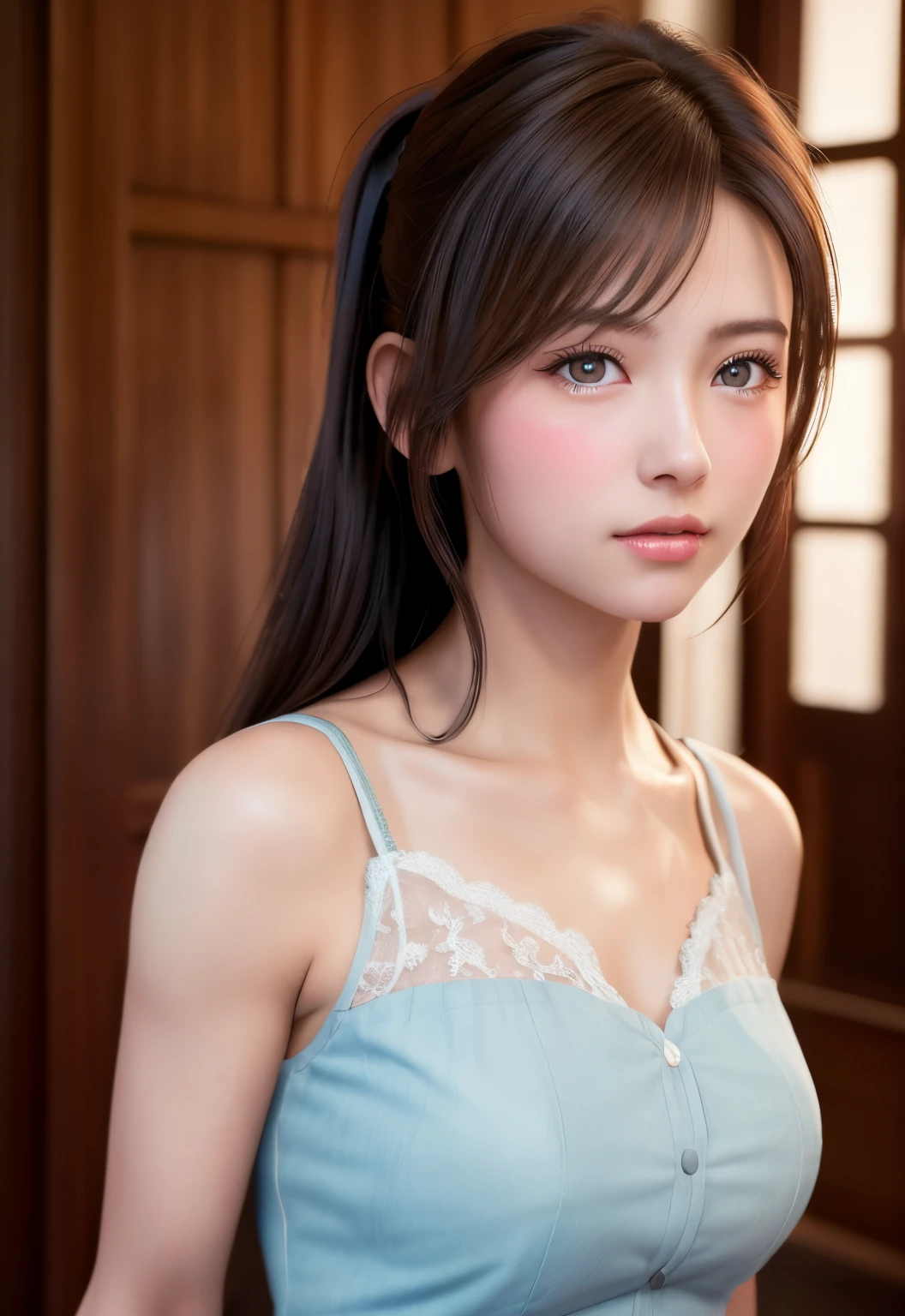 8K, of the highest quality, masutepiece:1.2), (Realistic, Photorealsitic:1.37), of the highest quality, masutepiece, Beautiful young woman, Pensive expression,、A charming、and an inviting look, Cute Maid Clothes, Hair tied back, Cinematic background, Light skin tone