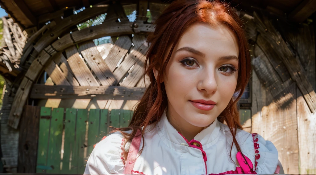 young girl ,slavic look,folk clothes,dress,blurry background,red hair,lite make up,outsite,mountain,sun,pink lipstick,polish,portrait,4k,ultra realistic,realistic face,selfie,close up,smiling, sexy look,temptating