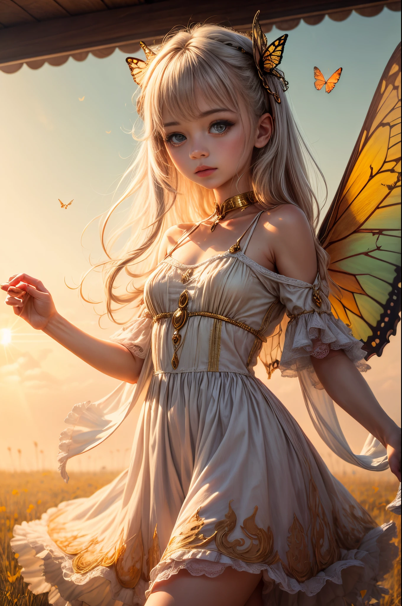 "((Innocent)) girl, golden hour, dreamy meadow, ethereal, whimsical, flowing dress, soft sunlight, enchanting, butterfly wings, (pastel clouds), liquid reflections