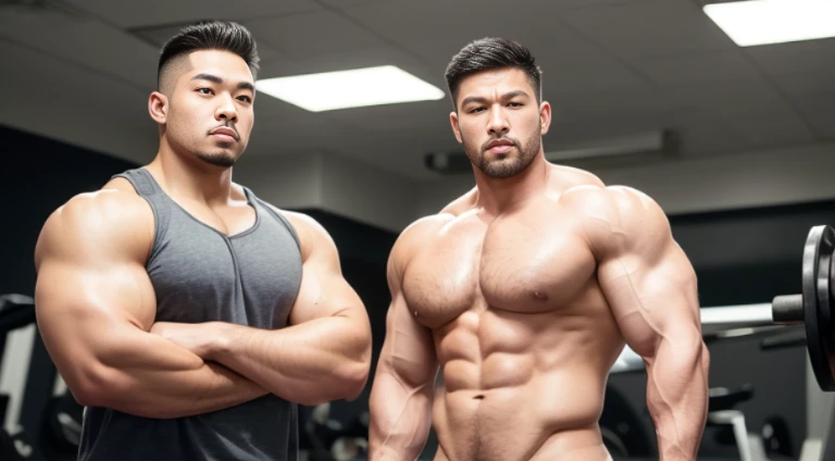 (Very detailed 8k wallpaper), two asian men, muscle worship, arms folded, At the gym, high detailing, buzzcut, very large and strong body, bulging muscles, well-muscled, very large pectoral muscles. Very sexy abs, legs are muscular, Toned figure, lightens oily skin, muscular, Tank top, T-shirt, longshot, Wide Shot