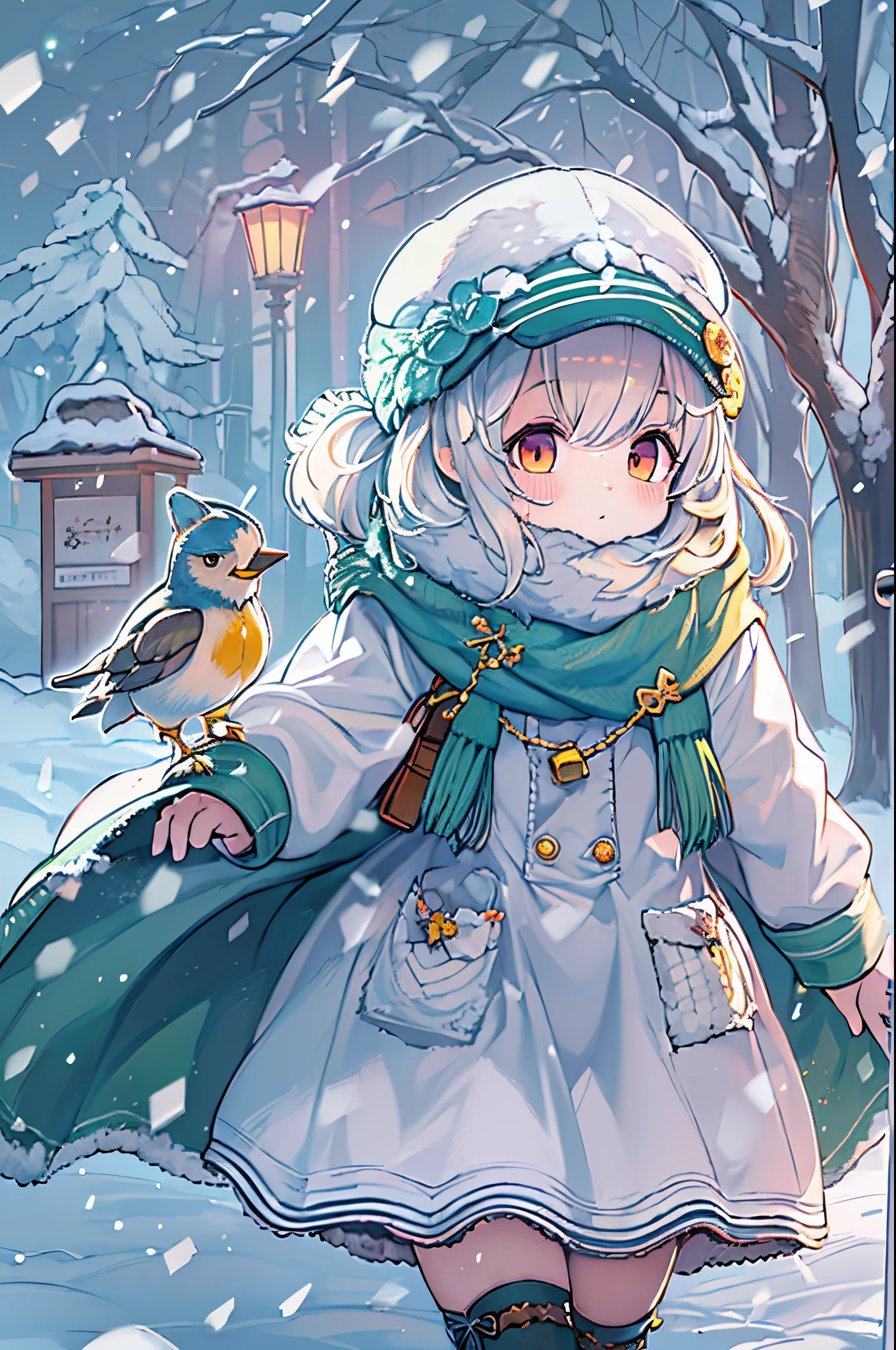 Anime girl in winter dress with snowman and bird, small curvy loli, Lori, frosty, Cute anime girl, Pixiv Contest Winner, pixiv, In the snow, (Snow), winter concept art, cute artwork, anime moe art style, splash art anime loli, small loli girl, cold snowy, Cute Anime, Digital art at Pixiv