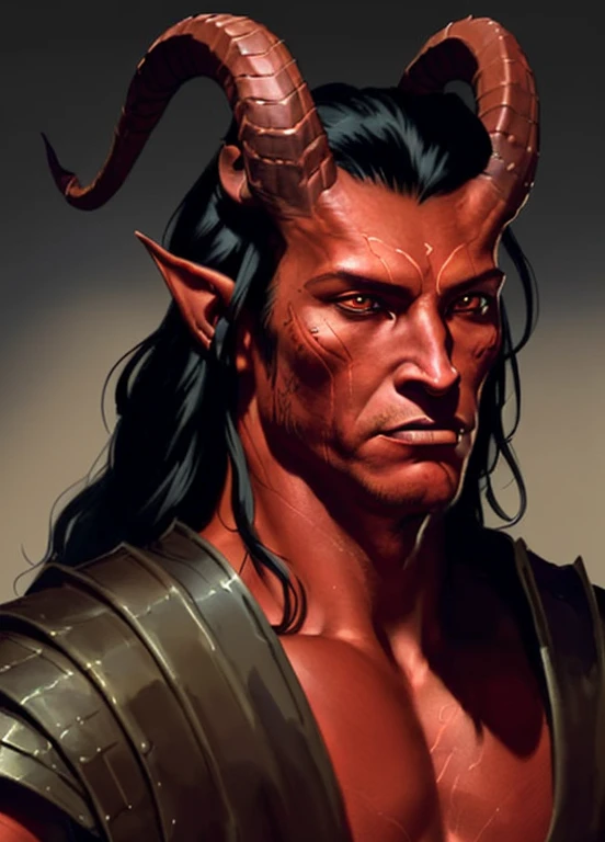 Tiefling, male, horns, male focus, solo, handsome, young, , colored skin, red skin, armor, tail, portrait, closed mouth,  black hair, demon, black background, long hair, ((masterpiece, best quality)), art by greg rutkowski