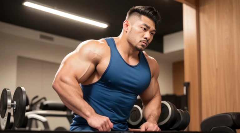 (Very detailed 8k wallpaper), two asian men, muscle worship, arms folded, At the gym, high detailing, buzzcut, very large and strong body, bulging muscles, well-muscled, very large pectoral muscles. Very y abs, legs are muscular, Toned figure, lightens oily skin, muscular, Tank top, T-shirt, longshot, Wide Shot