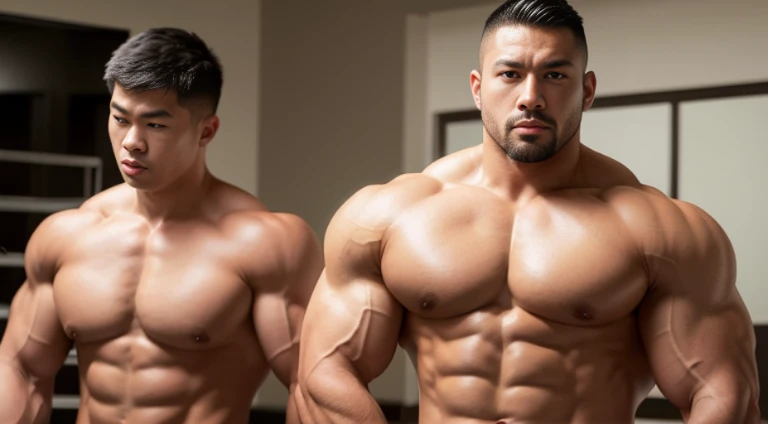 (Very detailed 8k wallpaper), two asian men, muscle worship, arms folded, At the gym, high detailing, buzzcut, very large and strong body, bulging muscles, well-muscled, very large pectoral muscles. Very sexy abs, legs are muscular, Toned figure, lightens oily skin, muscular, Tank top, T-shirt, longshot, Wide Shot