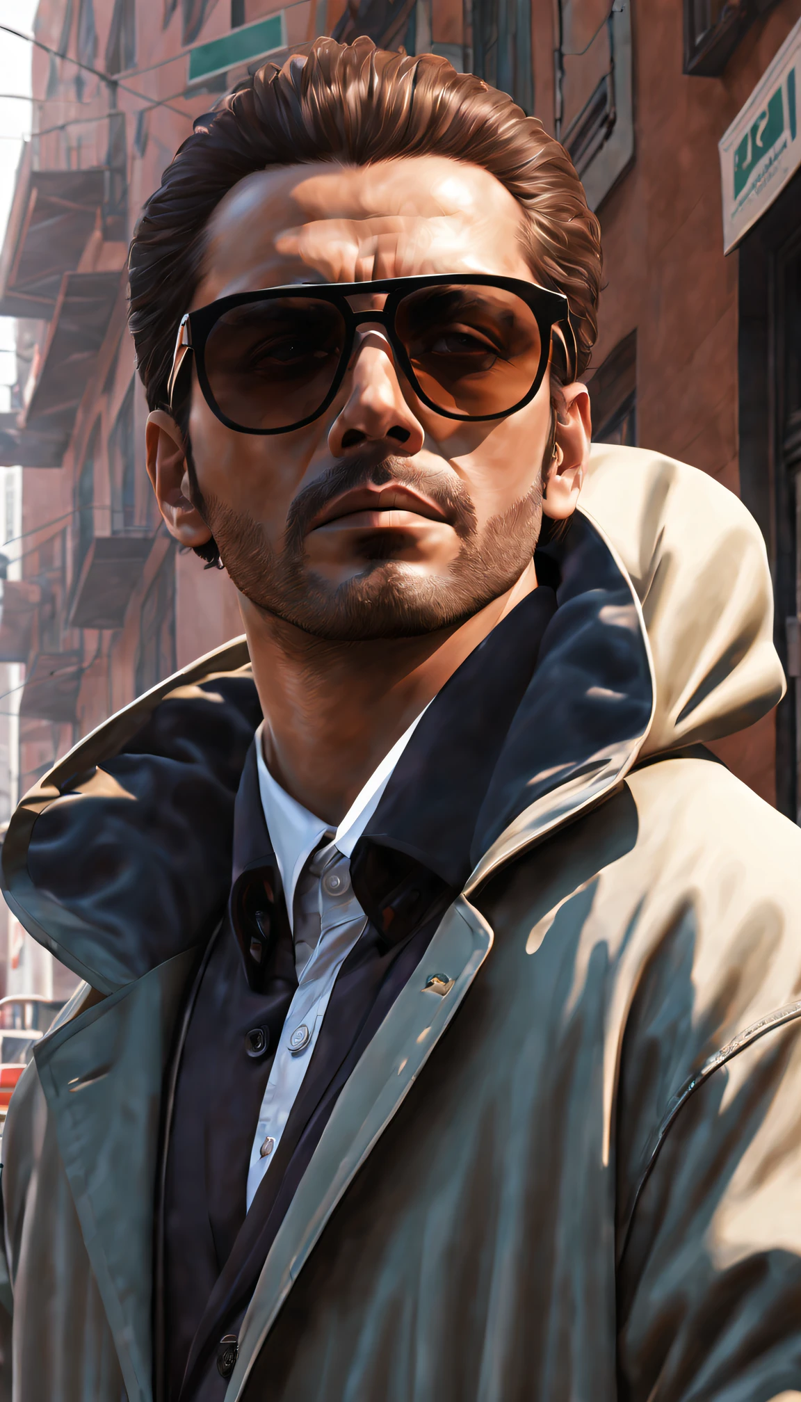 GTA STYLE,chumbo masculino,shotgun, wind coat,sun glasses,The Car,Future city streets,retro artstyle,shadows and highlights,hight contrast,crime and danger、Tension and suspense、Reflections on the avant-garde and the low ebb、Shady、evocative composition。(Best quality at best,4K,8K,A high resolution,tmasterpiece:1.2),ultra - detailed,(actual,realisticlying,Photorealistic:1.37)
