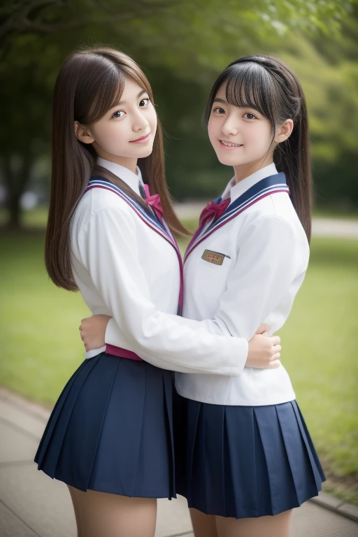 2girls,(great masterpiece、top-quality、Best image),(Young Japan、kawaii、Idol actress、Clear black eyes),(((Japanese girls' high school uniform))),(open a textbook while standing)、(Perfect and complete anatomy、plump and beautiful limbs、Perfect physiology)、springtime、Professional filming、Gravure photography、15 year old beautiful girl,touching each other's breasts,accurate hands without incongruity,Precise feet without discomfort,I'm going to kiss,A smile that makes you want to hug,Very delicate eyes and face,Sharp pupils,Skirt is pulled up,white panty