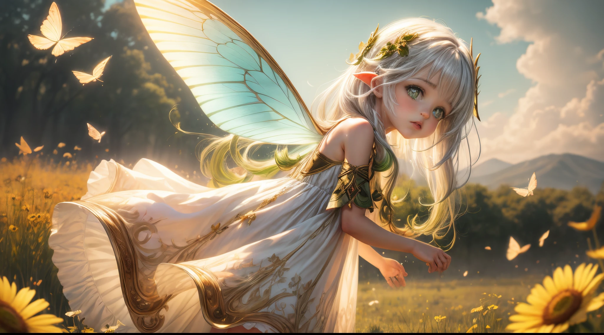 "((Innocent)) girl, golden hour, dreamy meadow, ethereal, whimsical, flowing dress, soft sunlight, enchanting, butterfly wings, (pastel clouds), liquid reflections