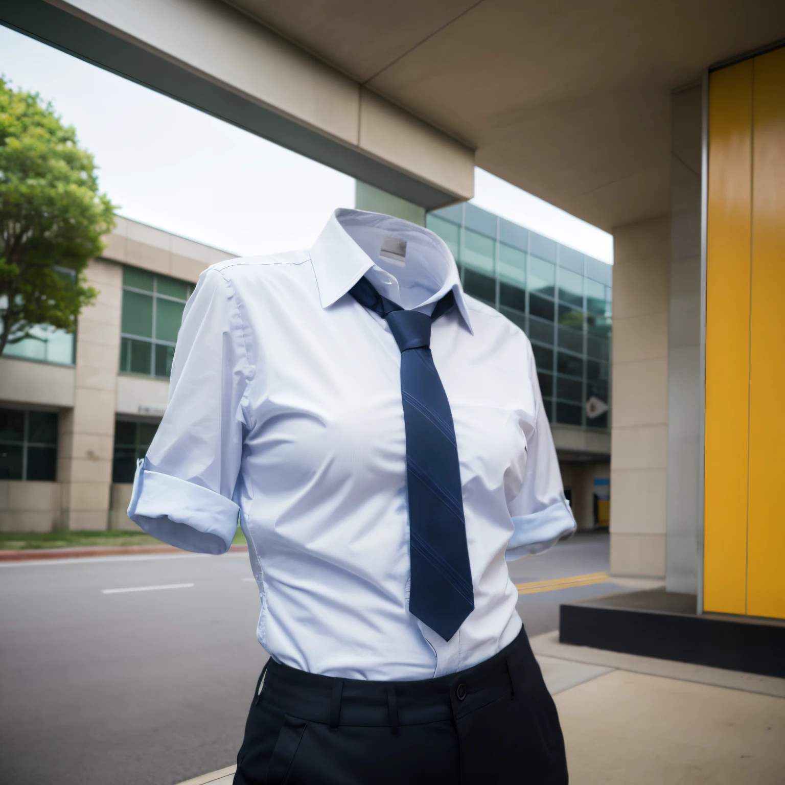 chubby, fat, white shirt, school vest, blue stripe tie, school tie, school uniform, (back view), Arms up, school slacks, cute pose, (invisible, no humans, headless, faceless:1.5), cute big hip, (close-up shot of hip), (8k, RAW photo, best quality, masterpiece:1.2), (realistic, photo-realistic:1.37), photon mapping, radiosity, ((Hasselblad photography)), physically-based rendering
