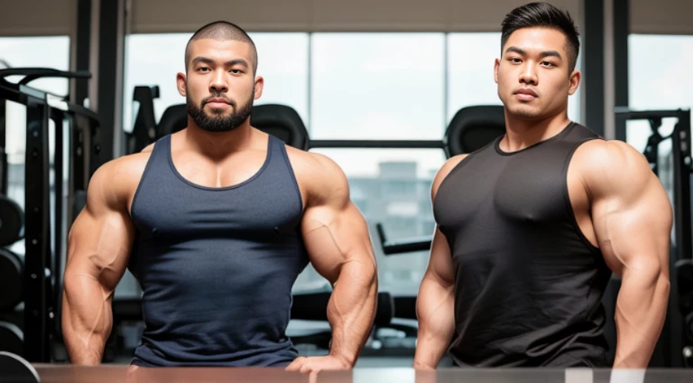 (Very detailed 8k wallpaper), two asian men, muscle worship, arms folded, At the gym, high detailing, buzzcut, very large and strong body, bulging muscles, well-muscled, very large pectoral muscles. Very sexy abs, legs are muscular, Toned figure, lightens oily skin, muscular, Tank top, T-shirt, longshot, Wide Shot