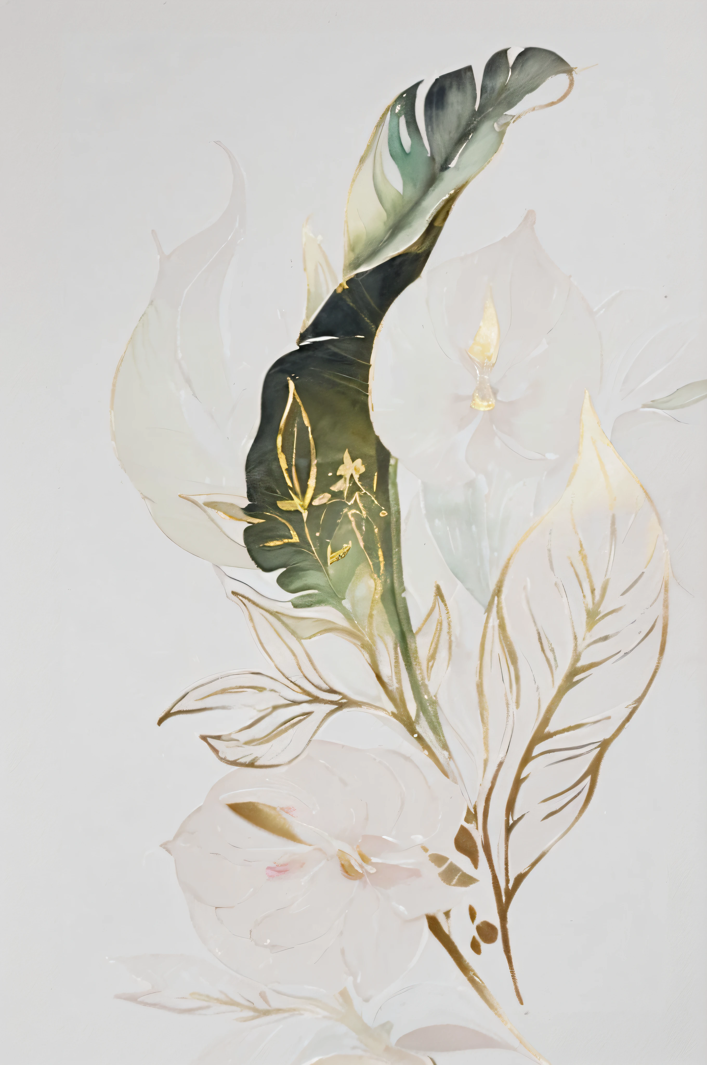 there is a painting of a plant with a leaf and flowers, touch of gold leaf, touches of gold leaf, botanical artwork, gold leaf painting, delicate garden on paper, gilded. floral, gold leaf art, botanic watercolors, delicate detailing golden stroke, elegant and refined painting, nacre painting, botanical art, gold detailed line work, watercolor artwork of exotic