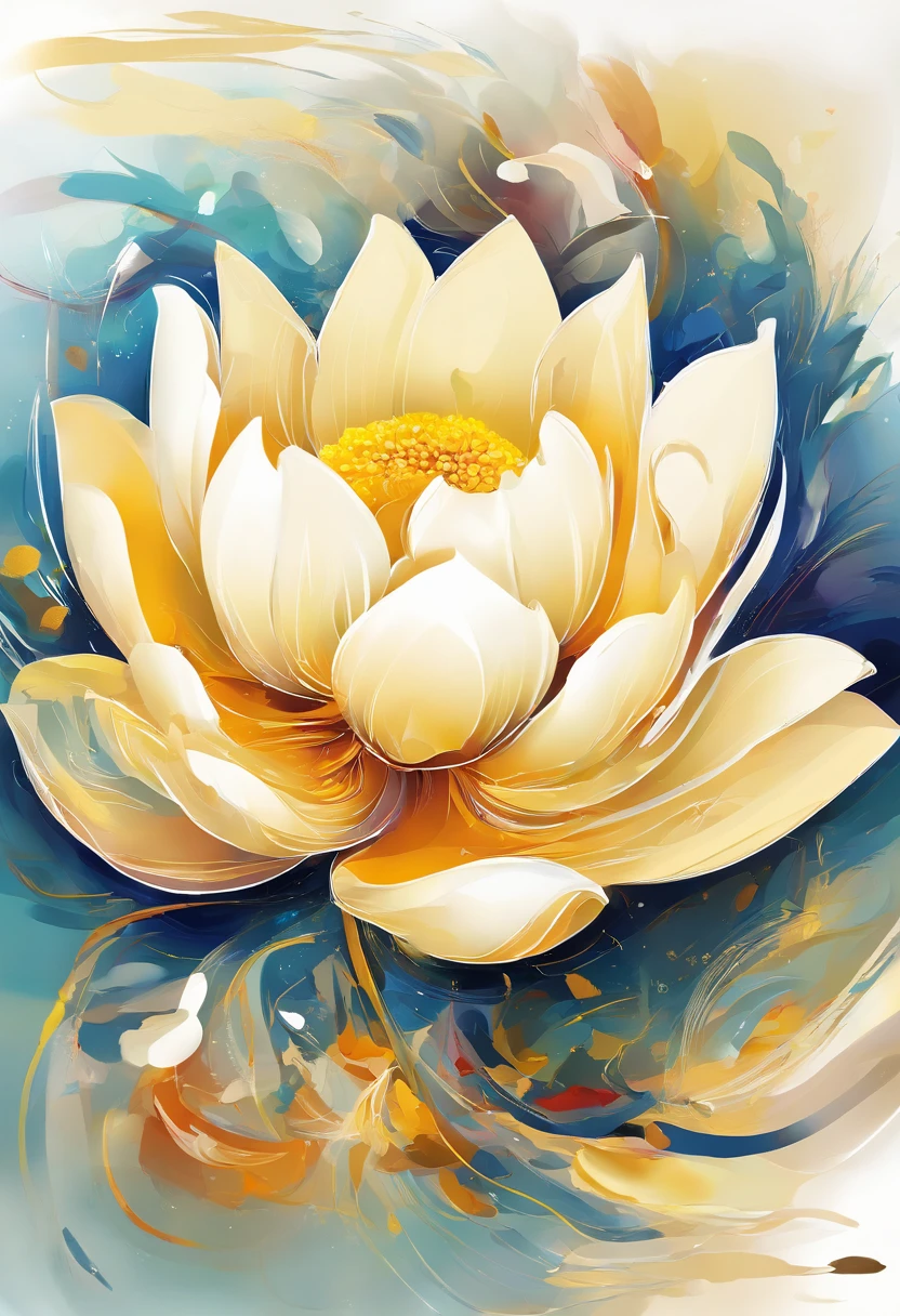 Draw an abstract painting of a single flower.,White Lotus Flowers、lotus leaves、use acrylic paint、Abstract artist known for his unique use of acrylic pouring, real brush strokes，aesthetic composition，Minimal style, slow stroke、shape of light、White lotus flower symbolizes peace of mind.、Express the feeling of having a lighter burden on your heart、The main color of the work is bright and clean light yellow...、Add moist compacted sand、Enhances the texture and tactile elements of your artwork, While staring at this image, oot、Interaction of color and texture、feel a sense of relief、guided by salvation