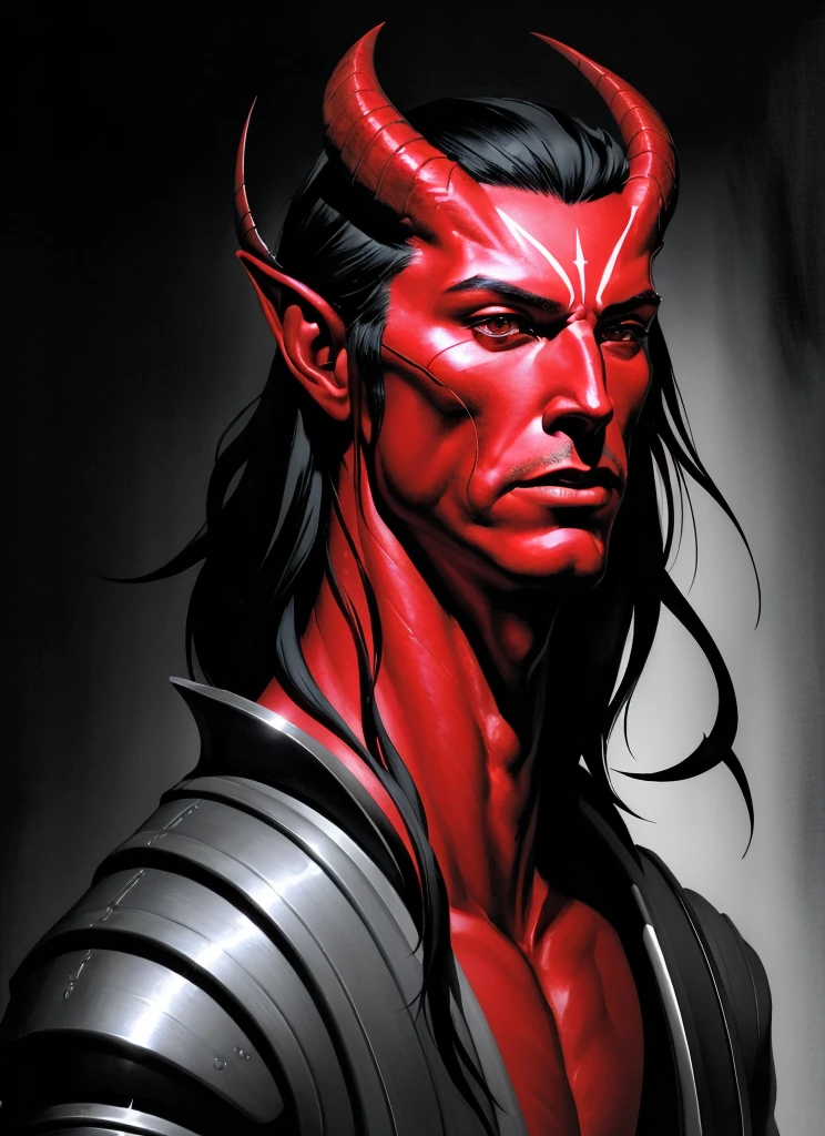 Tiefling, male, horns, male focus, solo, handsome, beautiful, young, , colored skin, red skin, armor, tail, portrait, closed mouth, black hair, demon, black background, long hair, ((masterpiece, best quality)), art by greg rutkowski