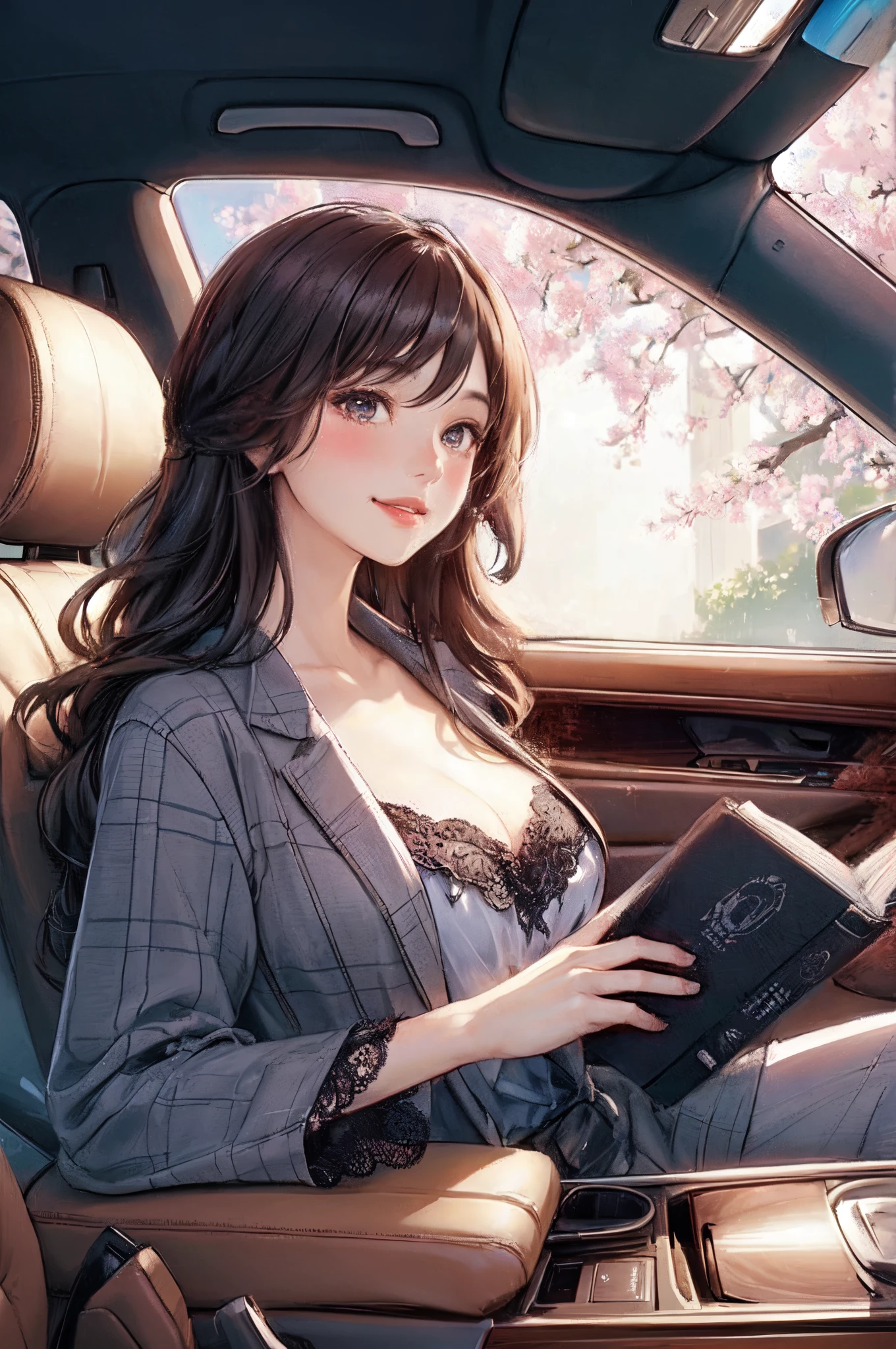 1lady solo, (sitting on passenger seat), (stylish outfit), mature female, /(black hair/) bangs, blush kind smile, (masterpiece best quality:1.2) delicate illustration ultra-detailed, large breasts BREAK (car indoors:1.2) passenger seat, tree cherry blossoms