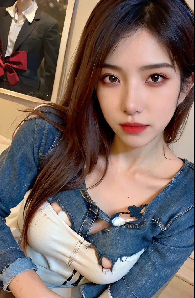 The highest image quality, tmasterpiece, super tall:1.4), Number of photos, 1 girl in,Highly Detailed Face and Skin Textur, 詳細な目, photorealistic eye, 美丽詳細な目, (Realistic skin), Attractive, Ultra-high sharpness, hyper realisitc, Very meticulous, the golden ratio, (sweatshirts, water leakage, hori&#39;tas&#39;too dark, be desperate, compassionate, Poor, 电影灯光, watery big eyes, watery big eyes, (Torn clothes: 1.5), ((wetclothes: 1.4)), bshoulders, True rain, Wet hair, ((Korea, of the whole body))