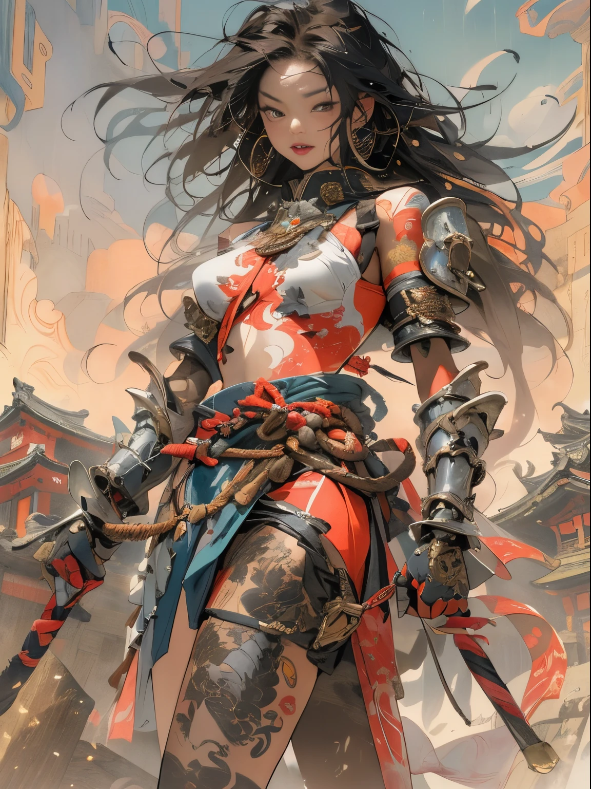 (((woman))), (((best qualityer))), (((tmasterpiece))), (((AS-))), ((( Japanese ))), Look up from your knees, A beautiful asian samurai woman with perfect body, Modern samurai, ((( Asian))), Wear gloves on your hands，The left arm  made of steel and metal tipade of protective devices, The eyes are pulled, (( Appears below the breast )), (( Small dental floss )), Simon Bisley, Almost naked（Simon Bisley）Castle City Wildernesor high-resolution posters, hair straight, Minimum clothing, armure (Crazy clotheull of tips and rivets, tribal tattooull bodyesbian))), Straight brunette hair，Colored hair ends