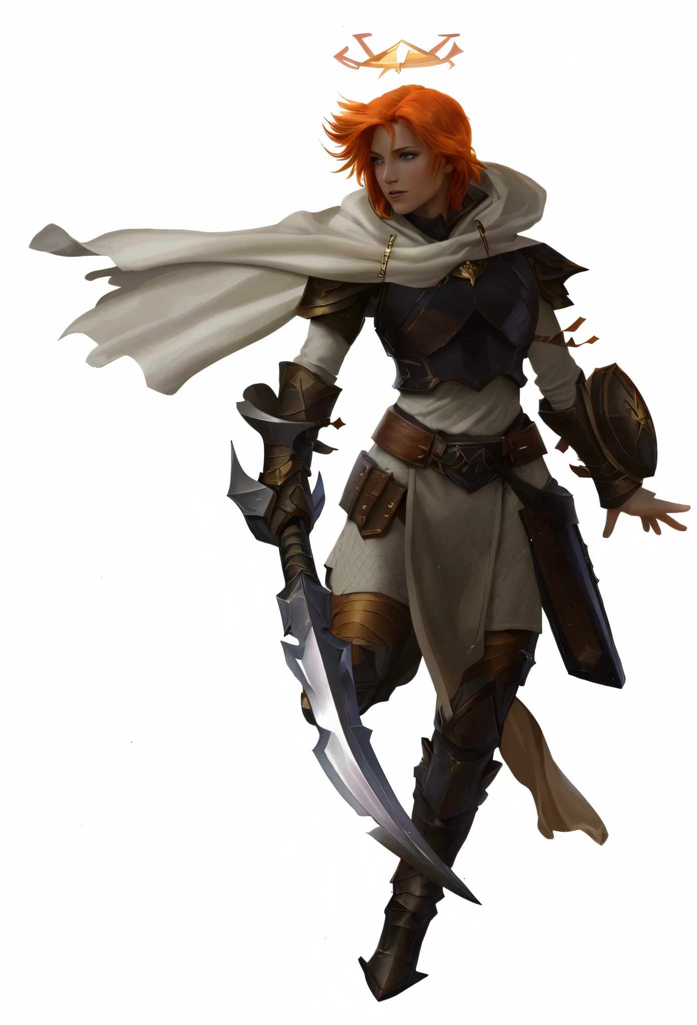 a close up of a person with a sword and a cape, female redhead templar, picture of female paladin, north female warrior, d&d dark sun character art, starfinder character, rogue class warrior class, female lightning genasi, drow ranger, female paladin, dungeons and dragons character, rpg concept art character, d & d fantasy character, flickering halo