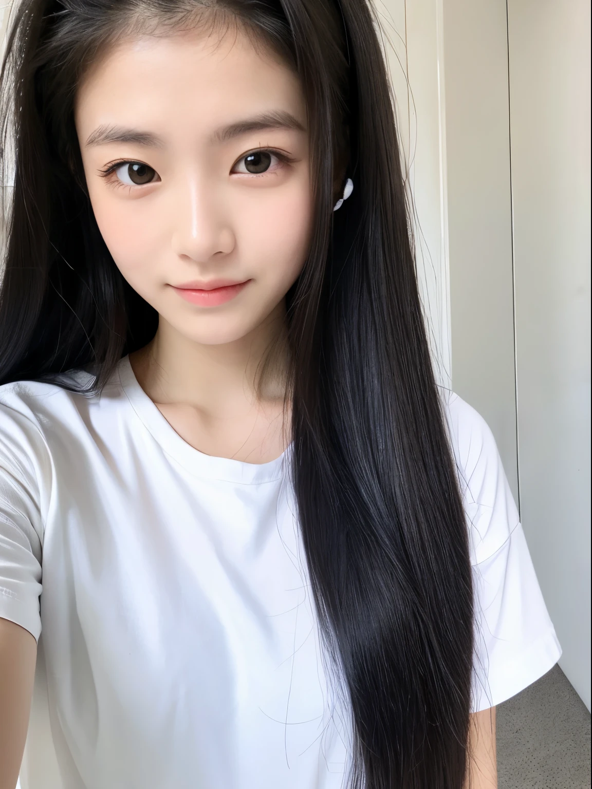 1 girl, pure white shirt, selfie, close up, 17 yo, black long hair, soft smile, no make up, double eyelid