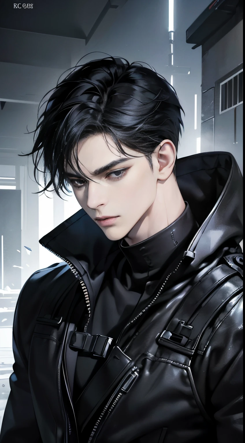 (best quality detailed image beautiful image 8K photorealistic dramatic lighting 1:1) (digital art digital illustration) (camera focused on face) (cold colors dim lighting) Art Manhwa 29 year old man very handsome black hair black clothes black eyes (piercing gaze cold expression perfect face perfect lines) walking in a chaotic dystopia setting