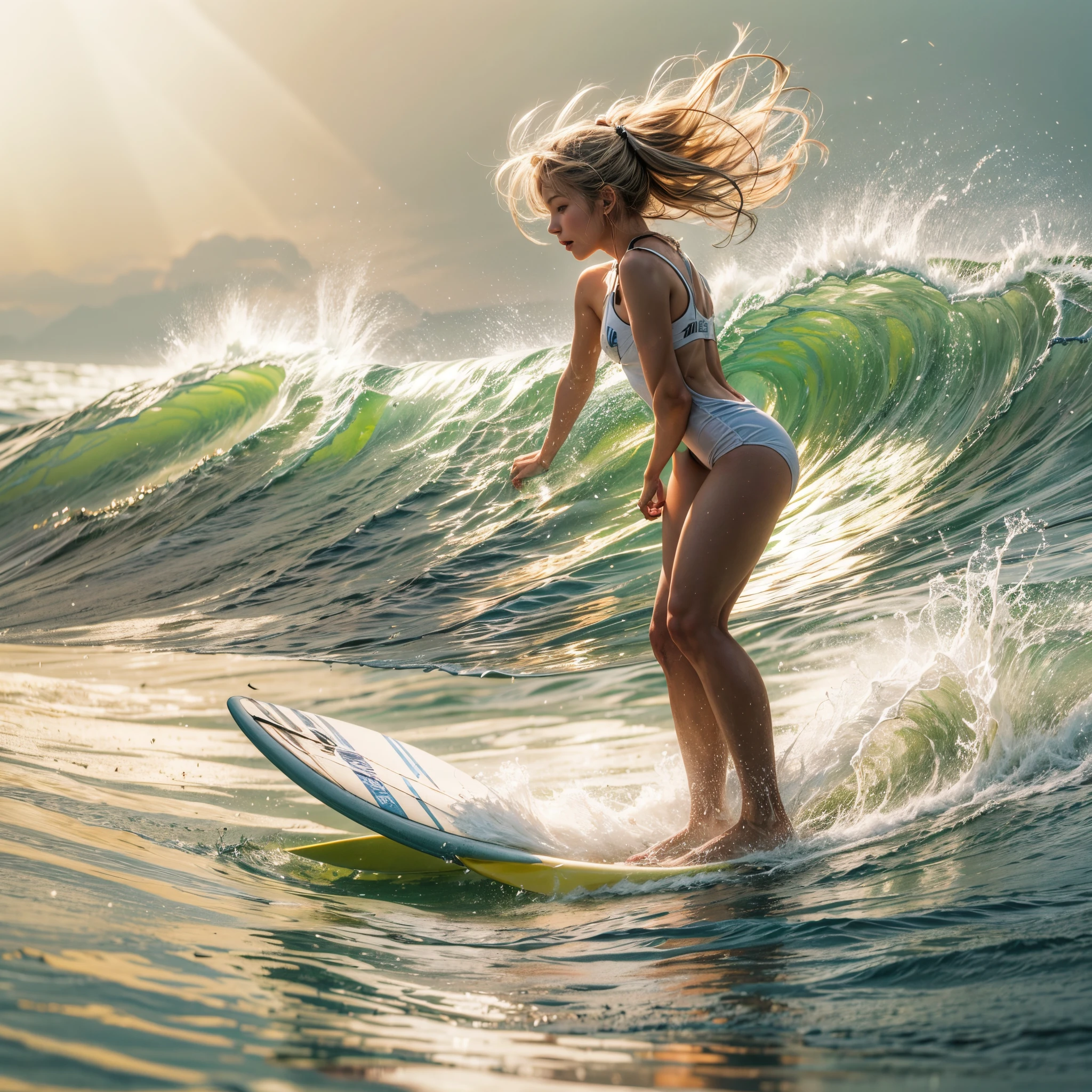 (((SFW, Acutance))), a tiny Surfer girl in white swimsuits, (((engaged in the act of surfing))), glistening tanline, under the mesmerizing back lighting. They gracefully ride the powerful waves, showcasing their Beautiful body and acrobatic skills. creating a breathtaking and ethereal atmosphere. Whole Body proportions and all limbs are anatomically accurate . (nipple:-0.8)