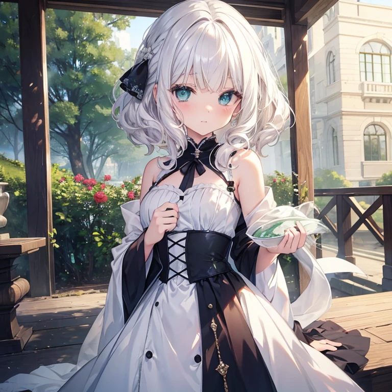 Masterpiece、White hair、bobhair、Curly hair、emeraldgreen eyes、Sareme、a beauty girl、Winters