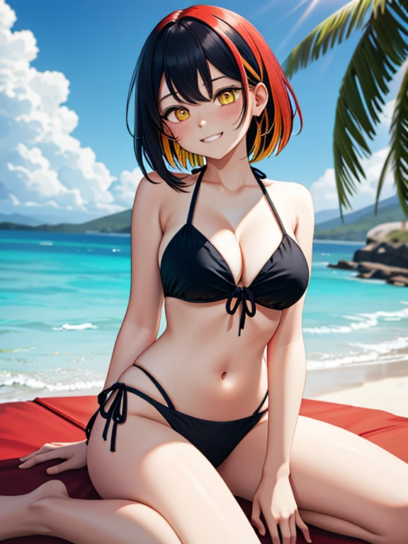 ((​masterpiece、top-quality:1.5、a high chroma:1.5、ultra-detailliert、high-resolution illustrations:1.5、Ultra-high-definition CG、8k size wallpaper、offcial art))、((looking at from the front:1.5)),(1woman,),(cute face:1.5,cute eyes:1.5)、(grin:1.3)、(sexy body),(sitting wariza:1.5),(bikini:1.5)、,(multicolored hair:1.5), (large breasts)、(oil skin:1.5),(curvy:1.3)、(Portrait)
,(Shining yellow eyes:1.5),(midsummer beach　strong sunlight:1.5)、(upper body:1.5)、animesque