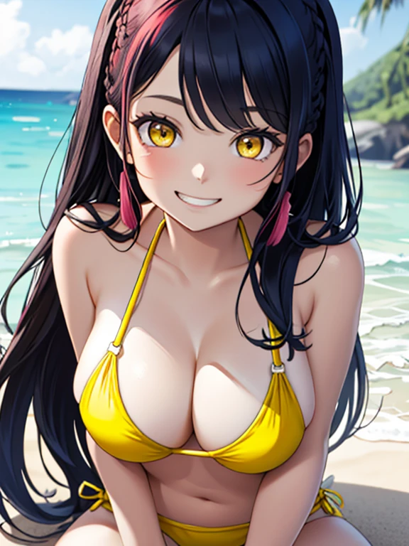 ((masterpiece、top-quality:1.5、a high chroma:1.5、ultra-detailliert、high-resolution illustrations:1.5、Ultra-high-definition CG、8k size wallpaper、offcial art))、((looking at from the front:1.5)),(1woman,),(cute face:1.5,cute eyes:1.5)、(grin:1.3)、(sexy body),(sitting wariza:1.5),(bikini:1.5)、,(multicolored hair:1.5), (large breasts)、(oil skin:1.5),(curvy:1.3)、(Portrait)
,(Shining yellow eyes:1.5),(midsummer beach strong sunlight:1.5)、(upper body:1.5)、animesque