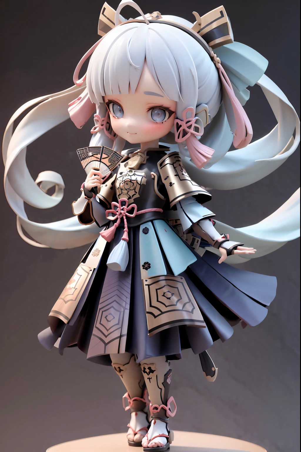 (Full body standing painting), 独奏, Masterpiece, A high resolution, Best quality, 1girl solo, Kamisato_Ayaka, Smile arm guards, Armored dress, chest plate, Japanese armor, Hand fan, Fingerless gloves, 巨作, Best quality, illustration, Beautiful detailed girl, beautiful detailed glow, detailed girl, Beautiful detailed eyes, midriff, big forhead