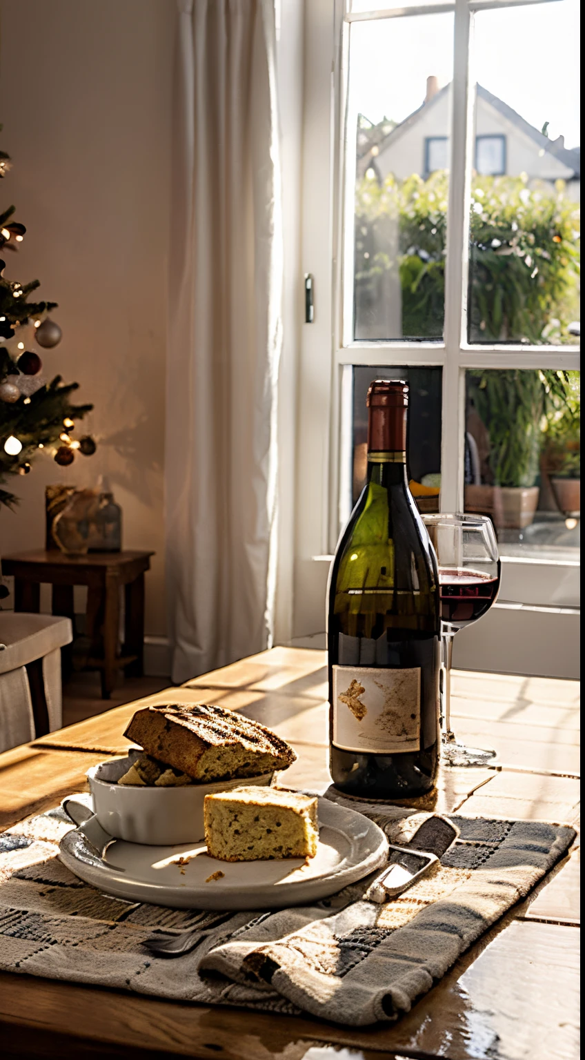 There  a bottle of white wine on the table、cupcakes and bread, Napkins and wine glasses,  Window lighting , Christmas decorations, Background curtains, Still life impasto painting , Bright background, Good sunshine