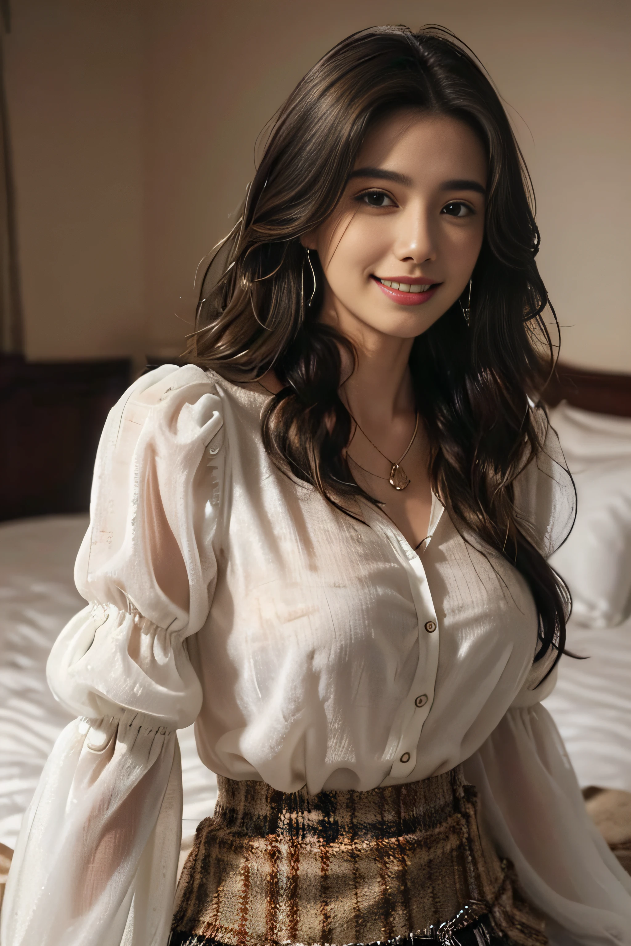 ((Very beautiful girl:1.3)),((White Button Blouse_long-sleeve_Big necklace_Large earrings_see-through sleeves,brown tweed skirt:1.4)),((FULL BODYSHOT:1.5)),((Lying on a hotel bed:1.3)),((FULL BODYSHOT:1.5)),((Thin_fabric:1.4)) ((Doing work:1.3)) ((Her face is flushed:1.2)) ((Medium milk:1.2)) ((close-up:1.2)) Best Quality,masutepiece,超A high resolution,(Photorealistic:1.4),Raw photo,(Authentic skin texture:1.3),(Film grain:1.3),the panorama,Character Portrait,Very Wide Shot,Narrow waist,Cowboy Shot,(In the Dark, deepshadow, lowkey, cold light,) Night,((loose wavy hair:1.2)),((brown super long hair_waist-length hair:1.2))Streaming Tears,,Dust,Tindall Effect,(expression),1girl in,beautiful detailed eyes and face,White Jabot)) ((Smile:1.3))