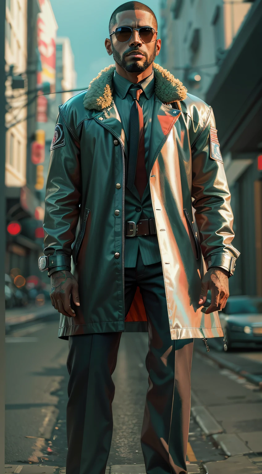 GTA STYLE，chumbo masculino，shotgun, wind coat，sun glasses，The Car，Future city streets，retro artstyle，shadows  and highlights，hight contrast，crime and danger、Tension and suspense、Reflections on the avant-garde and the low ebb、Shady、evocative composition。(Best quality at best,4K,8K,A high resolution,tmasterpiece:1.2),ultra - detailed,(actual,realisticlying,Photorealistic:1.37)