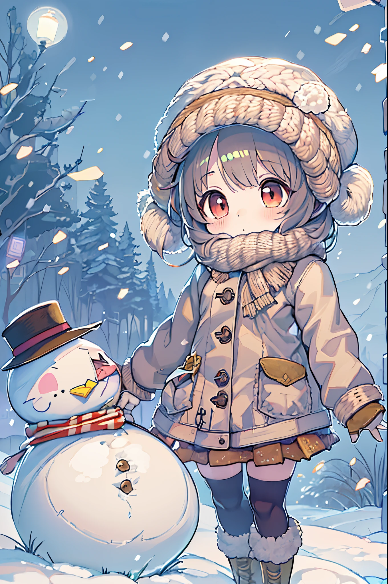 Anime girl in winter dress with snowman, small curvy loli, Lori, frosty, Cute anime girl, Pixiv Contest Winner, pixiv, In the snow, (Snow), winter concept art, cute artwork, anime moe art style, splash art anime loli, small li girl, cold snowy, Cute Anime, Digital art at Pixiv