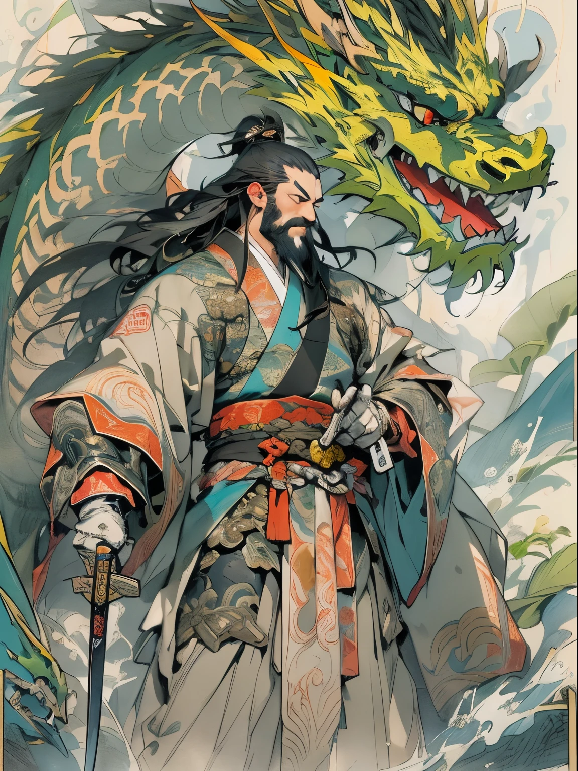 (((China-style，Ink painting method，Half-length portrait，Intense color，Han dynasty, China，Hanfu，Armor，Guan yu，Guan Yunchang，of a guy，Ruddy killing square face，Hold the Blue Dragon Moon Knife in his right hand，Stroke your beard with your left hand，Long hair，petty eyes，Green robe))), (((best qualityer))), (((tmasterpiece))), (((AS-))), ((( Japanese ))), Look up from your knees, Handsome Asian samurai，perfect body figure, Modern samurai, ((( Asian))), Wear gloves on your hands，The left arm  made of steel and metal tipade of protective devices, The eyes are pulled, (( Appears below the chest )), (( Small dental floss )), Simon Bisley, Almost naked（Simon Bisley）Castle City Wildernesor high-resolution posters, hair straight, Minimum clothing, armure (Crazy clotheull of tips and rivets, tribal tattooull bodyesbian))), Straight brunette hair，Colored hair ends