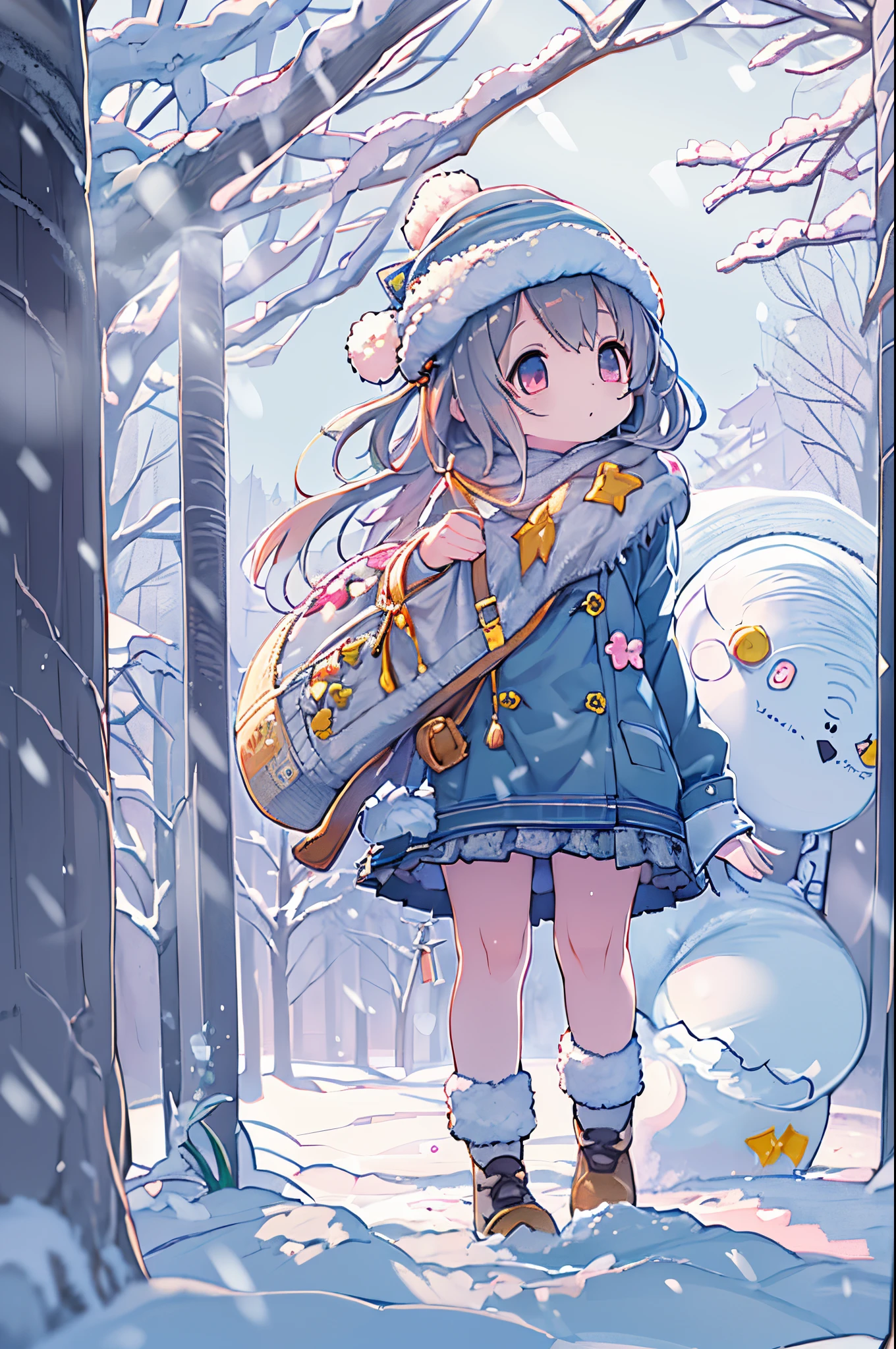 Anime girl in winter dress with snowman, small curvy loli, Lori, frosty, Cute anime girl, Pixiv Contest Winner, pixiv, In the snow, (Snow), winter concept art, cute artwork, anime moe art style, splash art anime loli, small li girl, cold snowy, Cute Anime, Digital art at Pixiv