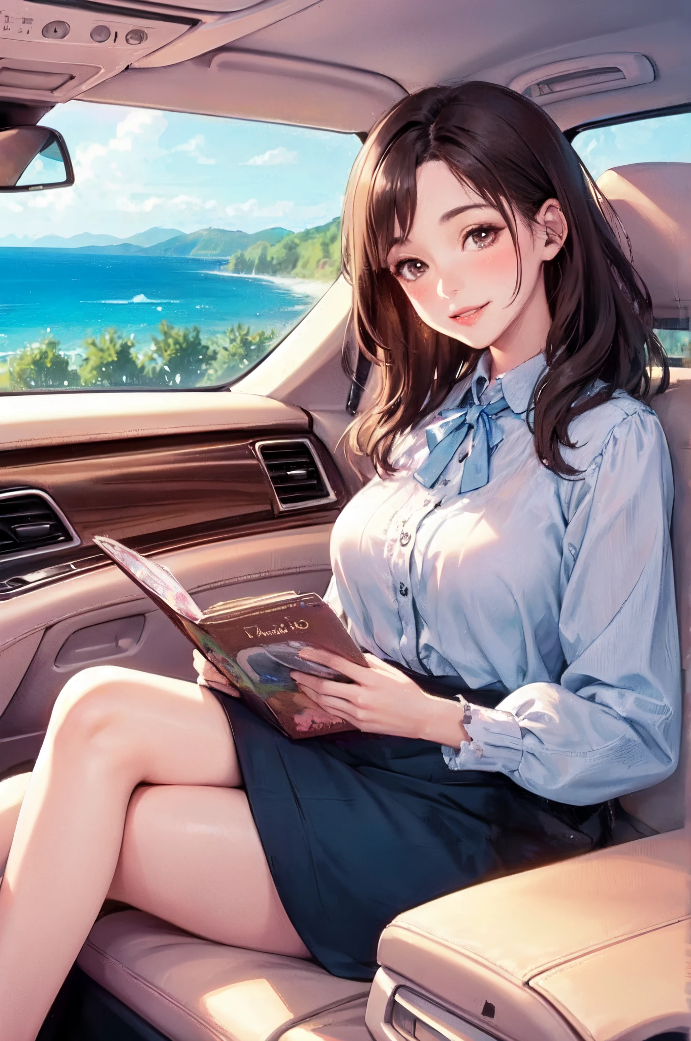 1lady solo, (sitting on passenger seat), (stylish outfit), mature female, /(dark brown hair/) bangs, blush kind smile, (masterpiece best quality:1.2) delicate illustration ultra-detailed, large breasts BREAK (car indoors:1.2) passenger seat
