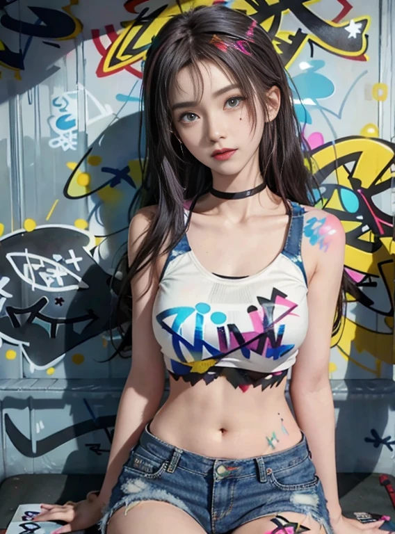 masterpiece, best quality, 1 girl, alone, crop top, Denim shorts, collar, (Graffiti:1.5), paint splatter, Put your arms behind your back, against the wall, looking at the audience, armband, thigh strap, Apply to body, head tilt, boring, colorful hair, aqua eyes, earphone,